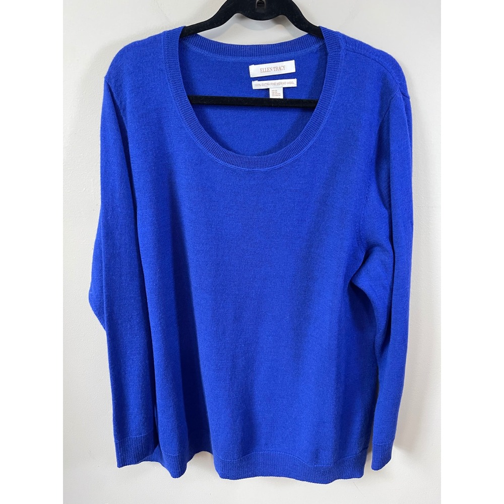 Ellen Tracy Blue 100% Extra Fine Merino Wool Scoop Neck Sweater Womens 2X